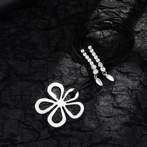 RINHOO FRIENDSHIP Boho Choker Necklace for Women Black Leather Necklace Multi Ring Flower Heart Pendant Choker Necklace for Women Boho Jewelry Gift in Saudi Arabia