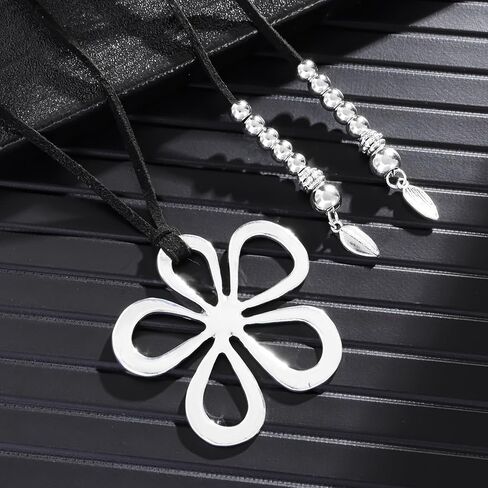 RINHOO FRIENDSHIP Boho Choker Necklace for Women Black Leather Necklace Multi Ring Flower Heart Pendant Choker Necklace for Women Boho Jewelry Gift in Saudi Arabia