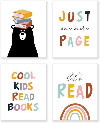 LiTiu Cool Kids قراءة الكتب مجرد صفحة واحدة أخرى لقراءة الملصقات الفنية الجدارية ديكور، 8 بوصة × 10 بوصة مجموعة من 4، هدايا فنية لطيفة لقارئ الدب للأطفال لغرفة النوم وغرفة القراءة في الفصل الدراسي in Kuwait