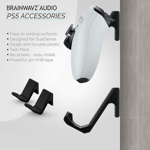 حامل وحدة التحكم في الألعاب BRAINWAVZ PS5 (عبوة من قطعتين) لجهاز Playstation PS5 DualSense Gamepad، تصميم خطافي، بدون ضرر أو لاصق (أسود) in Saudi Arabia