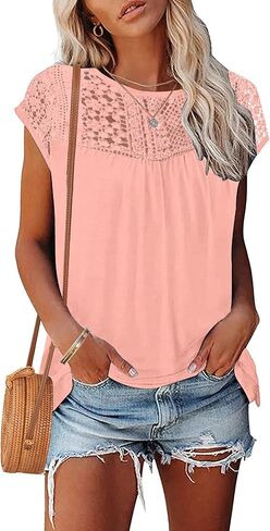 AUSELILY Women's Summer T Shirts Casual Crew Neck Short Cap Sleeve Lace Trim Ladies Tops 2024 New in Kuwait