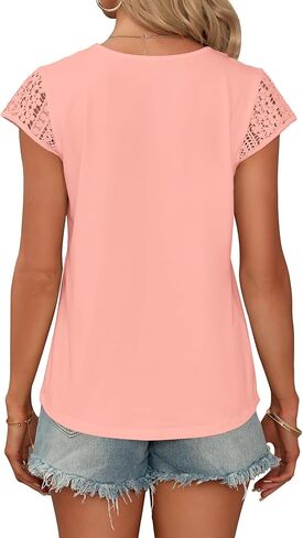 AUSELILY Women's Summer T Shirts Casual Crew Neck Short Cap Sleeve Lace Trim Ladies Tops 2024 New in Kuwait