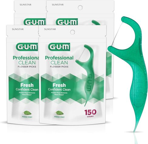 أعواد تنظيف الأسنان الاحترافية من GUM - خيط تنظيف قوي للغاية مقاوم للتمزيق، مقبض سهل الإمساك - خيط تنظيف الأسنان للبالغين - نكهة النعناع المنعش، 150 قطعة (4 قطع) in Kuwait
