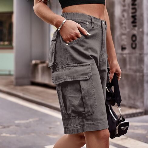 Women's Casual Loose Fit Multi-Pockets Twill Bermuda Cargo Shorts Y2K Baggy Knee Length Shorts Grunge Techwear in Kuwait