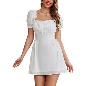 Women’s 2024 Summer Square Neck Short Puff Sleeve A Line Dress Off Shoulder Casual Corset Mini Dresses