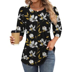 Womens 3/4 Puff Sleeve Pleated Tops Crew Neck Floral Tunic Blouses Dressy Casual T Shirts