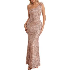 One Shoulder Formal Evening Gowns Sequin Mermaid Maxi Dress for Wedding Guest