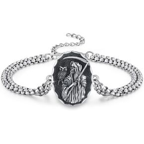 TRISHULA Santa Muerte Bracelet for Men 925 Sterling Silver Skull Adjustable Bracelet Gothic Skull Santa Muerte Jewelry Gift