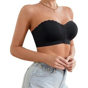 DEANGELMON Womens Strapless Bra Non-Slip Padded Bandeau Bras Front Closure Wavy Trim Seamless Comfortable Tube Top Bralette