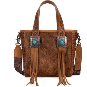 Wrangler Cowhide Tote Bag for Women Western Tooling Handbag Leather Fringing Handbag with Turquoise Stone Concho