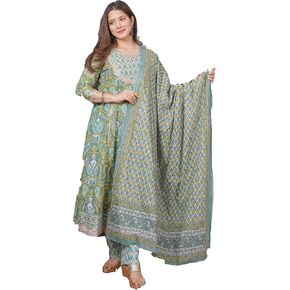 Women's Cotton Printed Anarkali Kurta With Palazzo & Dupatta Set With Handwork