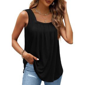 Summer Tank Tops for Women Loose Fit Pleated Square Neck Sleeveless Tops Curved Hem Flowy