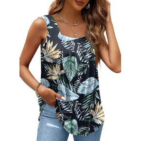 Summer Tank Tops for Women Loose Fit Pleated Square Neck Sleeveless Tops Curved Hem Flowy in Kuwait