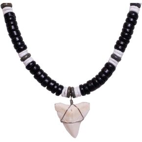 BlueRica Shark Tooth on Coconut and Shell Beads Necklace (20" 4U)