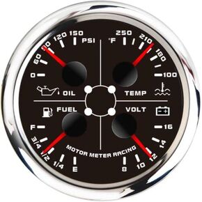 MOTOR METER RACING W Pro Series 85mm 3-3/8" 4 in 1 Multi-Function Gauge Water Temperature °F Oil Pressure PSI Fuel Level 240-33 ohms Voltage 12 Volt Black Dial White LED Waterproof