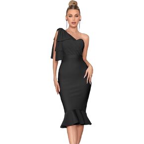Mesh One Shoulder Bow Bodycon Midi Graduation Birthday Dinner Dress Fishtail Bandage Cocktail Party Dress