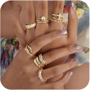 Tasiso Stackable Gold Rings for Women,12 PCS 14K Gold Plated Non Tarnish Trendy Dainty Cubic Zirconia Thumb Ring Set Trendy Statement Wedding Prom Rings Stacking Ring Pack Size 6 7 8 9 10