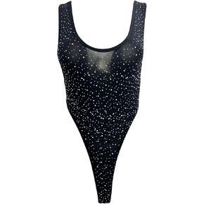 Women's Sheer Mesh Rhinestones Bodysuit High Cut Y Back Thong Leotard Teddy Thong Underwear in Kuwait