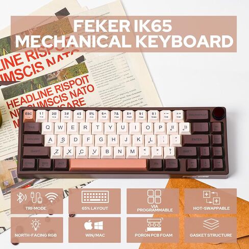 Feker IK65 VIA Programmable 2.4G/BT5.0/USB-C Mechanical Keyboard, 65% Hot Swappable Gasket-Mounted, with Sound Dampening Foams Kit, Volume-Control Knob, 4000mAh Battery, RGB for Win/Mac (Brown Knob) in Kuwait