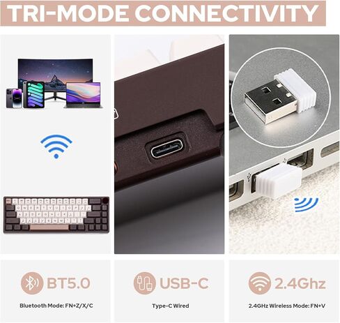 Feker IK65 VIA Programmable 2.4G/BT5.0/USB-C Mechanical Keyboard, 65% Hot Swappable Gasket-Mounted, with Sound Dampening Foams Kit, Volume-Control Knob, 4000mAh Battery, RGB for Win/Mac (Brown Knob) in Kuwait