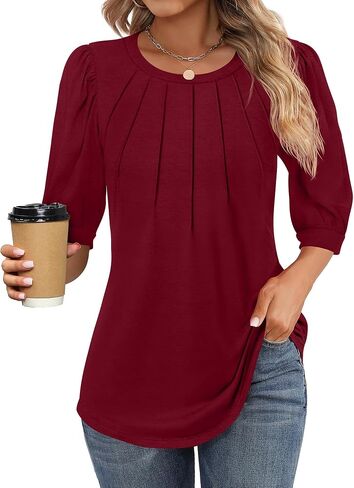 Womens 3/4 Puff Sleeve Pleated Tops Crew Neck Floral Tunic Blouses Dressy Casual T Shirts in Saudi Arabia