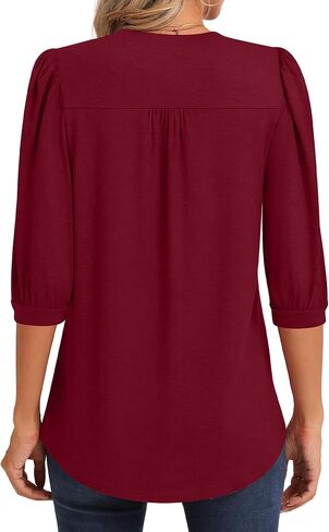 Womens 3/4 Puff Sleeve Pleated Tops Crew Neck Floral Tunic Blouses Dressy Casual T Shirts in Saudi Arabia