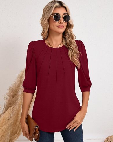 Womens 3/4 Puff Sleeve Pleated Tops Crew Neck Floral Tunic Blouses Dressy Casual T Shirts in Saudi Arabia