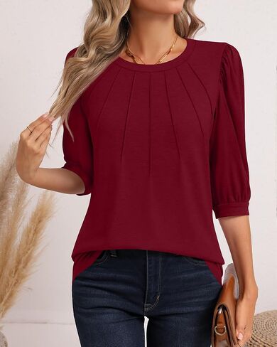 Womens 3/4 Puff Sleeve Pleated Tops Crew Neck Floral Tunic Blouses Dressy Casual T Shirts in Saudi Arabia