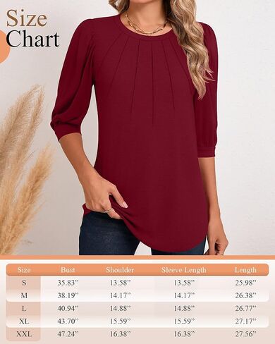 Womens 3/4 Puff Sleeve Pleated Tops Crew Neck Floral Tunic Blouses Dressy Casual T Shirts in Saudi Arabia