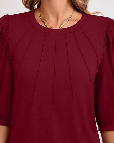 Womens 3/4 Puff Sleeve Pleated Tops Crew Neck Floral Tunic Blouses Dressy Casual T Shirts in Saudi Arabia