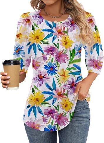 Womens 3/4 Puff Sleeve Pleated Tops Crew Neck Floral Tunic Blouses Dressy Casual T Shirts in Saudi Arabia