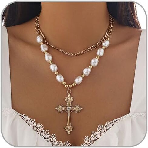 Gothic Cross Necklace Layered Pearl Beads Cross Pendant Necklaces Punk Vintage Cross Chain Necklace Chunky Cross Necklace for Women in Kuwait