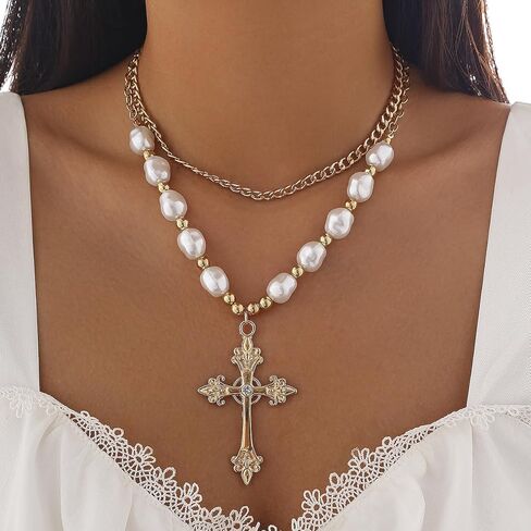 Gothic Cross Necklace Layered Pearl Beads Cross Pendant Necklaces Punk Vintage Cross Chain Necklace Chunky Cross Necklace for Women in Kuwait