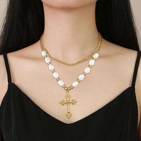Gothic Cross Necklace Layered Pearl Beads Cross Pendant Necklaces Punk Vintage Cross Chain Necklace Chunky Cross Necklace for Women in Kuwait