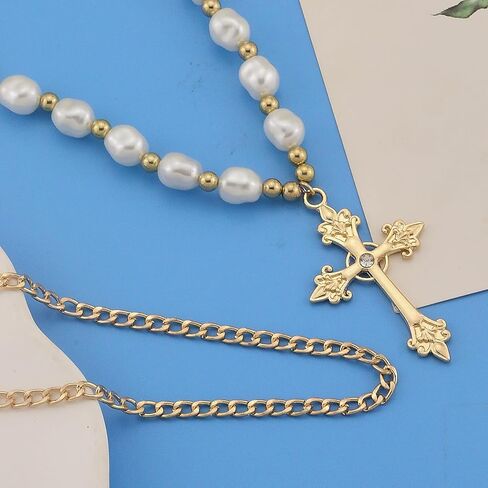 Gothic Cross Necklace Layered Pearl Beads Cross Pendant Necklaces Punk Vintage Cross Chain Necklace Chunky Cross Necklace for Women in Kuwait