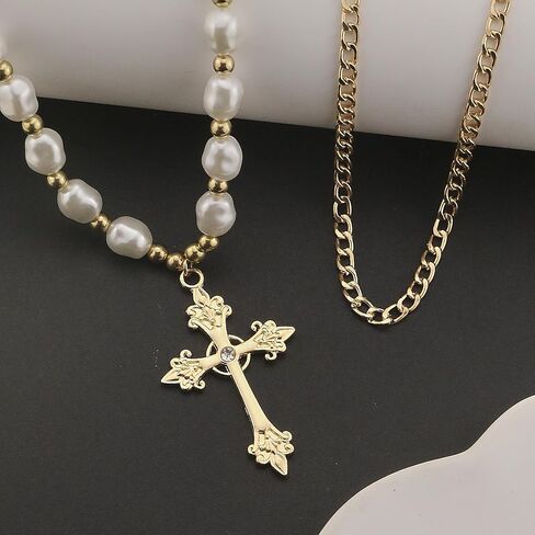 Gothic Cross Necklace Layered Pearl Beads Cross Pendant Necklaces Punk Vintage Cross Chain Necklace Chunky Cross Necklace for Women in Kuwait