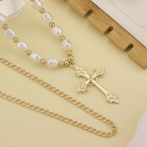 Gothic Cross Necklace Layered Pearl Beads Cross Pendant Necklaces Punk Vintage Cross Chain Necklace Chunky Cross Necklace for Women in Kuwait