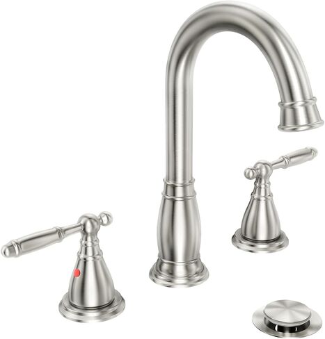 Phiestina 3 Hole 8 Inch Brushed Gold 2 Handle Widespread Bathroom Faucet with Metal Pop Up Drain,WF017-4-BG in Saudi Arabia