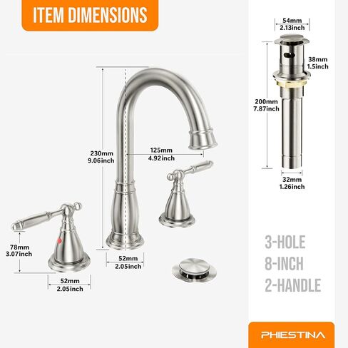 Phiestina 3 Hole 8 Inch Brushed Gold 2 Handle Widespread Bathroom Faucet with Metal Pop Up Drain,WF017-4-BG in Saudi Arabia