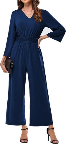 JASAMBAC Womens Casual Jumpsuit V Neck 3/4 Bell Sleeve Wide Leg One Piece Romper Outfits with Pockets in Saudi Arabia