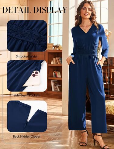 JASAMBAC Womens Casual Jumpsuit V Neck 3/4 Bell Sleeve Wide Leg One Piece Romper Outfits with Pockets in Saudi Arabia