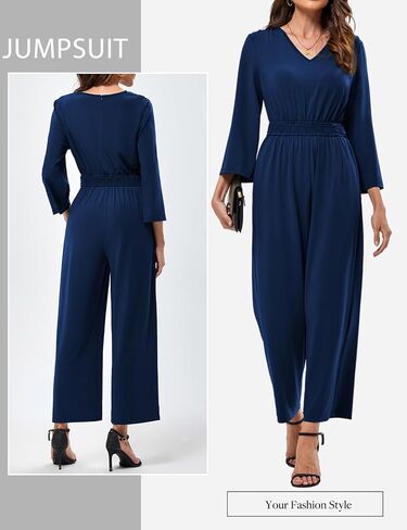 JASAMBAC Womens Casual Jumpsuit V Neck 3/4 Bell Sleeve Wide Leg One Piece Romper Outfits with Pockets in Saudi Arabia