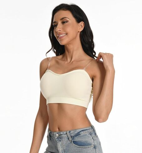 Strapless Bras for Women Non-Slip Strapless Bra Removable Pads Wireless Bandeau Bra Tube Top Bra with Clear Straps in Saudi Arabia