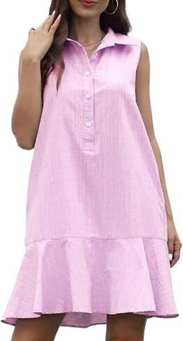 Women's Summer V Neck Button Down Shirt Dress Casual Collared Flowy Cotton Linen Mini Dress with Pockets in Saudi Arabia