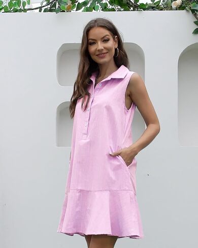 Women's Summer V Neck Button Down Shirt Dress Casual Collared Flowy Cotton Linen Mini Dress with Pockets in Saudi Arabia
