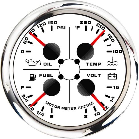 MOTOR METER RACING W Pro Series 85mm 3-3/8" 4 in 1 Multi-Function Gauge Water Temperature °F Oil Pressure PSI Fuel Level 240-33 ohms Voltage 12 Volt Black Dial White LED Waterproof in Saudi Arabia