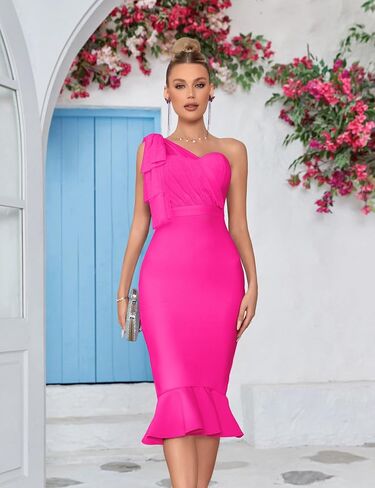 شبكة كتف واحد القوس Bodycon ميدي التخرج عيد ميلاد فستان العشاء ذيل السمكة ضمادة فستان حفلة كوكتيل in Kuwait