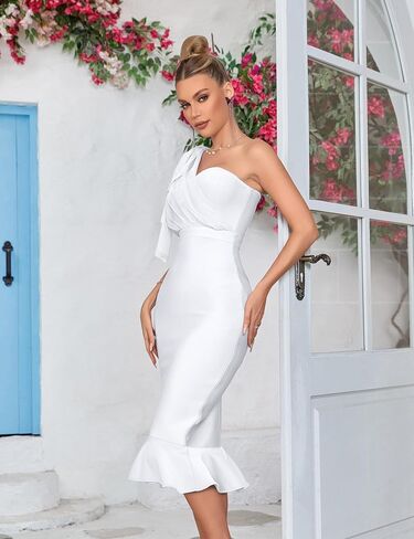 شبكة كتف واحد القوس Bodycon ميدي التخرج عيد ميلاد فستان العشاء ذيل السمكة ضمادة فستان حفلة كوكتيل in Kuwait
