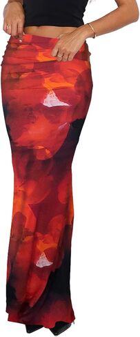 Bodycon Maxi Skirts for Women, Foldover High Waist Floral Leopard Print Flowy Pencil Long Y2k Skirts in Saudi Arabia