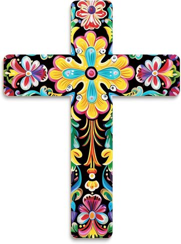 Putuo Decor Floral Cross Wall Decor Painted Decorative Wooden Inspirational Cross Spanish Style Wall Cross Decor Mexican Art Wall Decor Crucifix for Home Room Church Decoration in Saudi Arabia